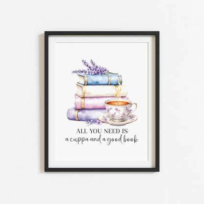 Tea and Books Watercolour Bookish Quote Print Book Lover Gift Unframed Wall Art
