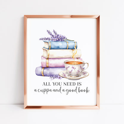 Tea and Books Watercolour Bookish Quote Print Book Lover Gift Unframed Wall Art