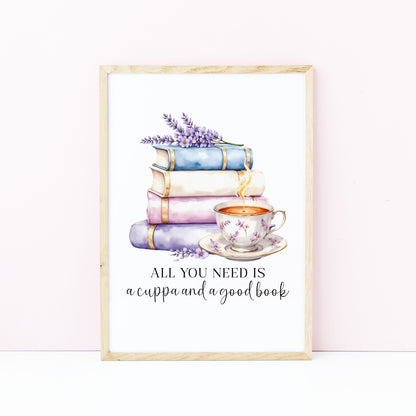 Tea and Books Watercolour Bookish Quote Print Book Lover Gift Unframed Wall Art