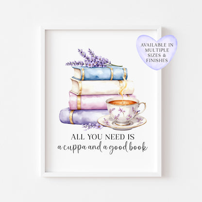 Tea and Books Watercolour Bookish Quote Print Book Lover Gift Unframed Wall Art