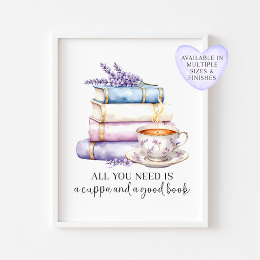 Tea and Books Watercolour Bookish Quote Print Book Lover Gift Unframed Wall Art