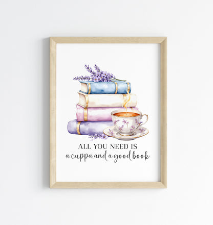 Tea and Books Watercolour Bookish Quote Print Book Lover Gift Unframed Wall Art