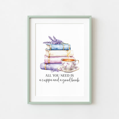 Tea and Books Watercolour Bookish Quote Print Book Lover Gift Unframed Wall Art