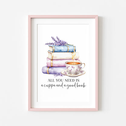 Tea and Books Watercolour Bookish Quote Print Book Lover Gift Unframed Wall Art