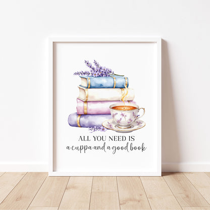 Tea and Books Watercolour Bookish Quote Print Book Lover Gift Unframed Wall Art