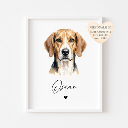 Personalised American Foxhound Dog Print Custom Name Pet portrait watercolour unframed wall art