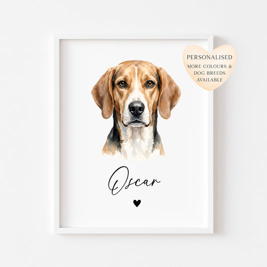 Personalised American Foxhound Dog Print Custom Name Pet portrait watercolour unframed wall art