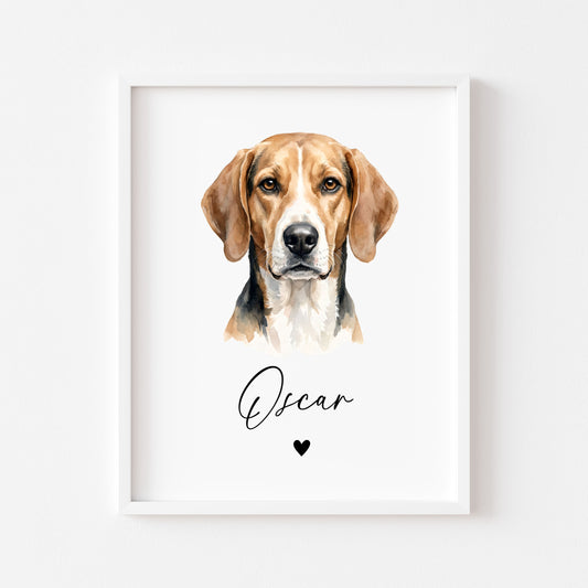 Personalised American Foxhound Dog Print Custom Name Pet portrait watercolour unframed wall art