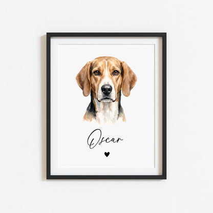 Personalised American Foxhound Dog Print Custom Name Pet portrait watercolour unframed wall art