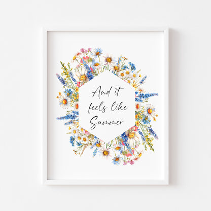 Summer print And it feels like summer bright wildflowers floral wreath seasonal summer unframed wall art summer print summer home decor