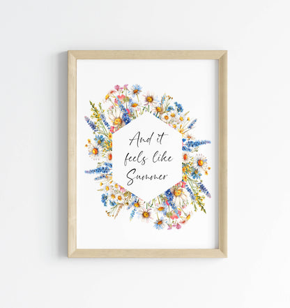 Summer print And it feels like summer bright wildflowers floral wreath seasonal summer unframed wall art summer print summer home decor