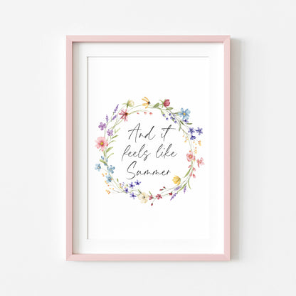 Summer print And it feels like summer wildflower floral wreath seasonal summer unframed wall art summer print, summer home decor, summer art