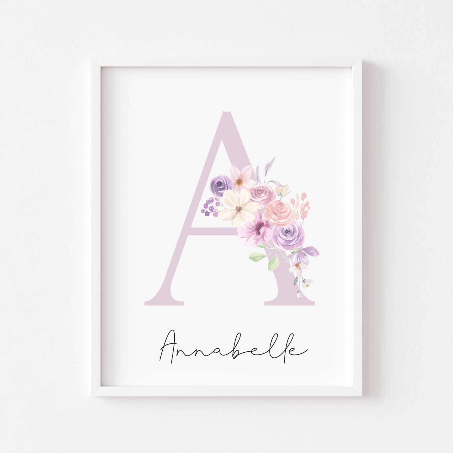 Personalised purple pink floral initial name print, bedroom nursery home unframed wall art poster print, initial print, floral nursery print