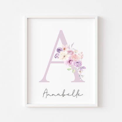 Personalised purple pink floral initial name print, bedroom nursery home unframed wall art poster print, initial print, floral nursery print