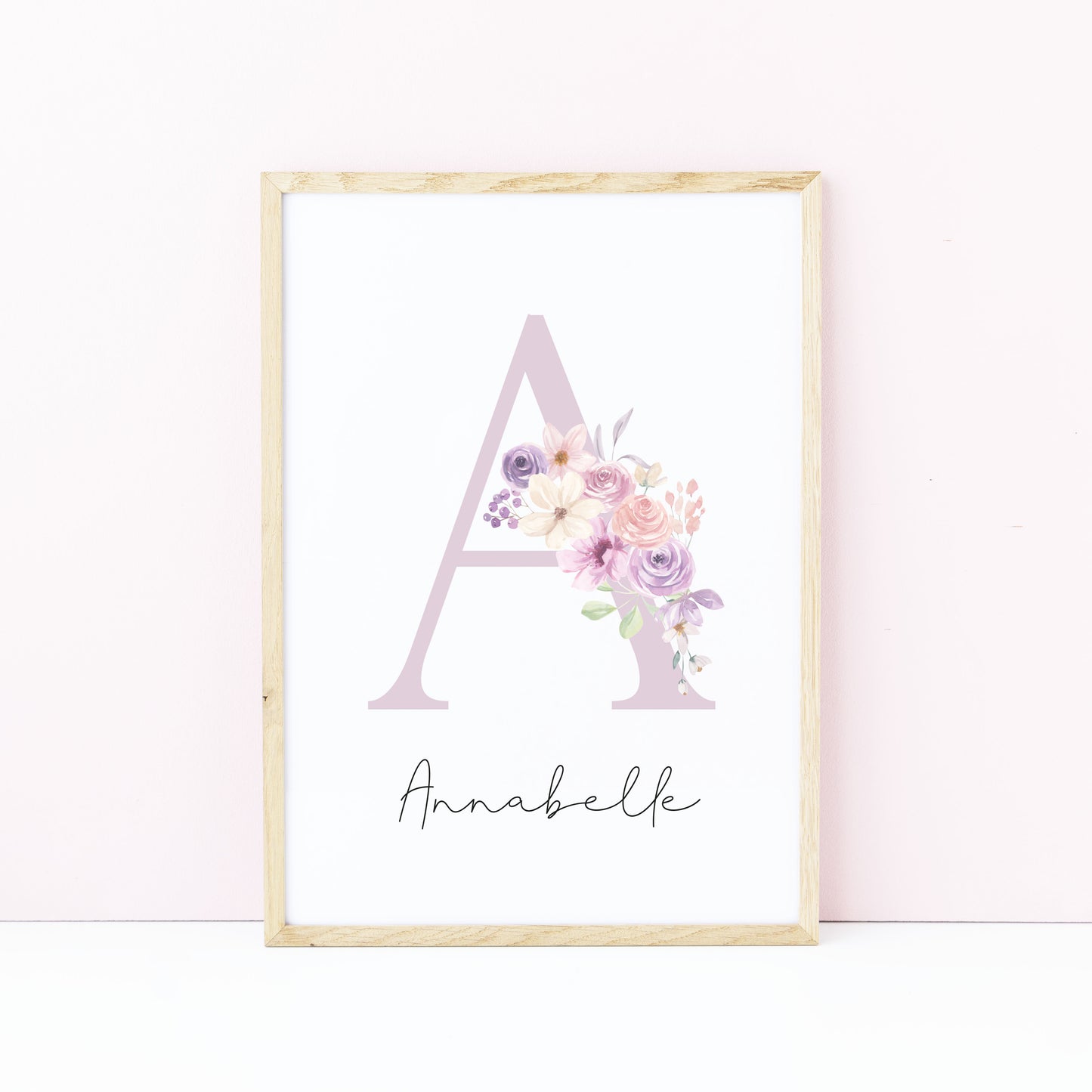 Personalised purple pink floral initial name print, bedroom nursery home unframed wall art poster print, initial print, floral nursery print