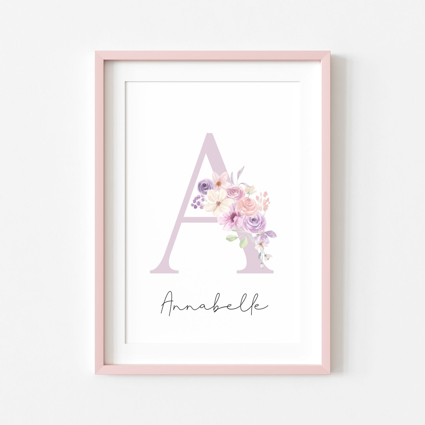 Personalised purple pink floral initial name print, bedroom nursery home unframed wall art poster print, initial print, floral nursery print