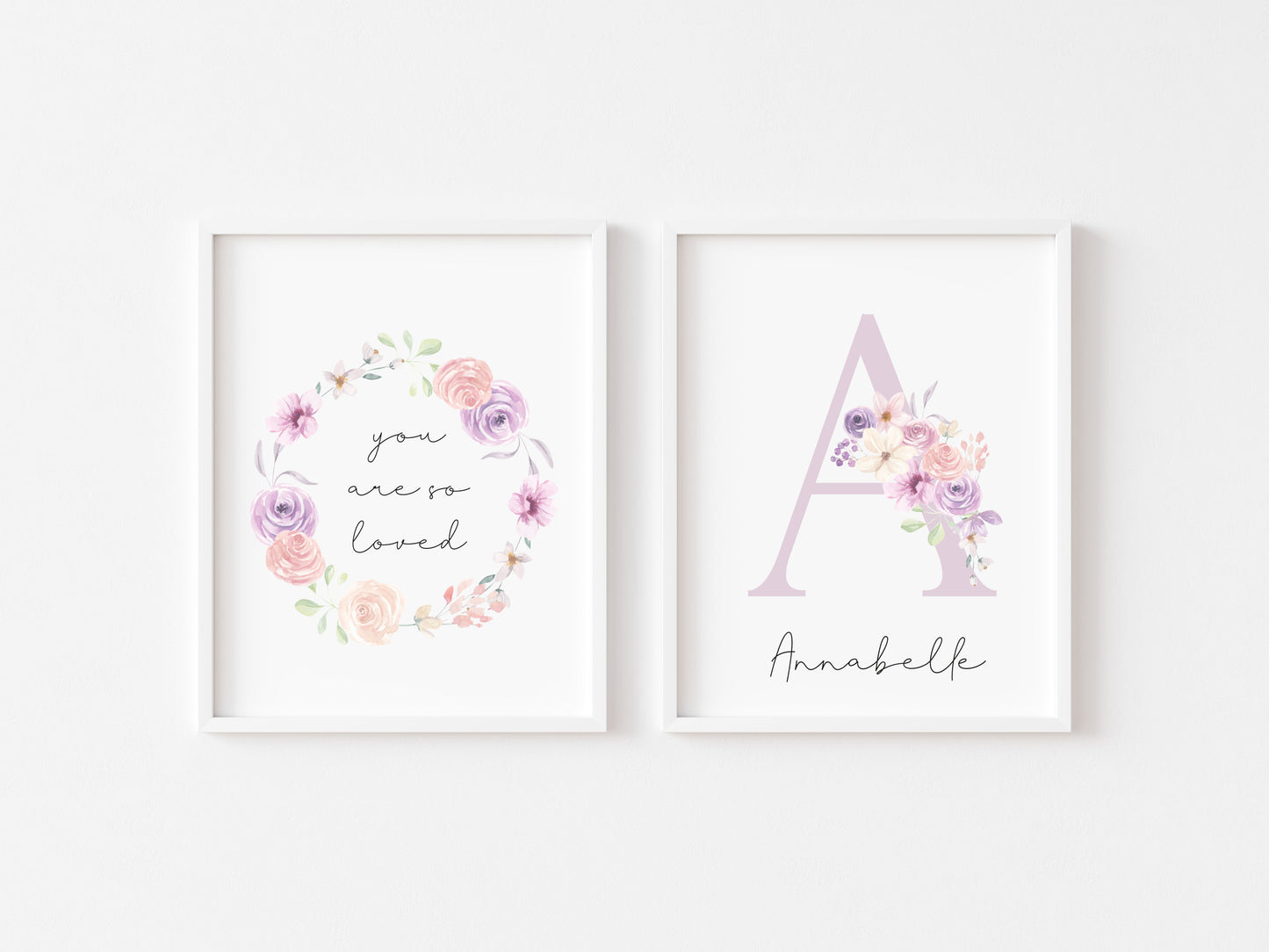 Set of 2 prints personalised name pink floral initial bouquet & wreath bedroom unframed wall art poster prints, girls bedroom decor