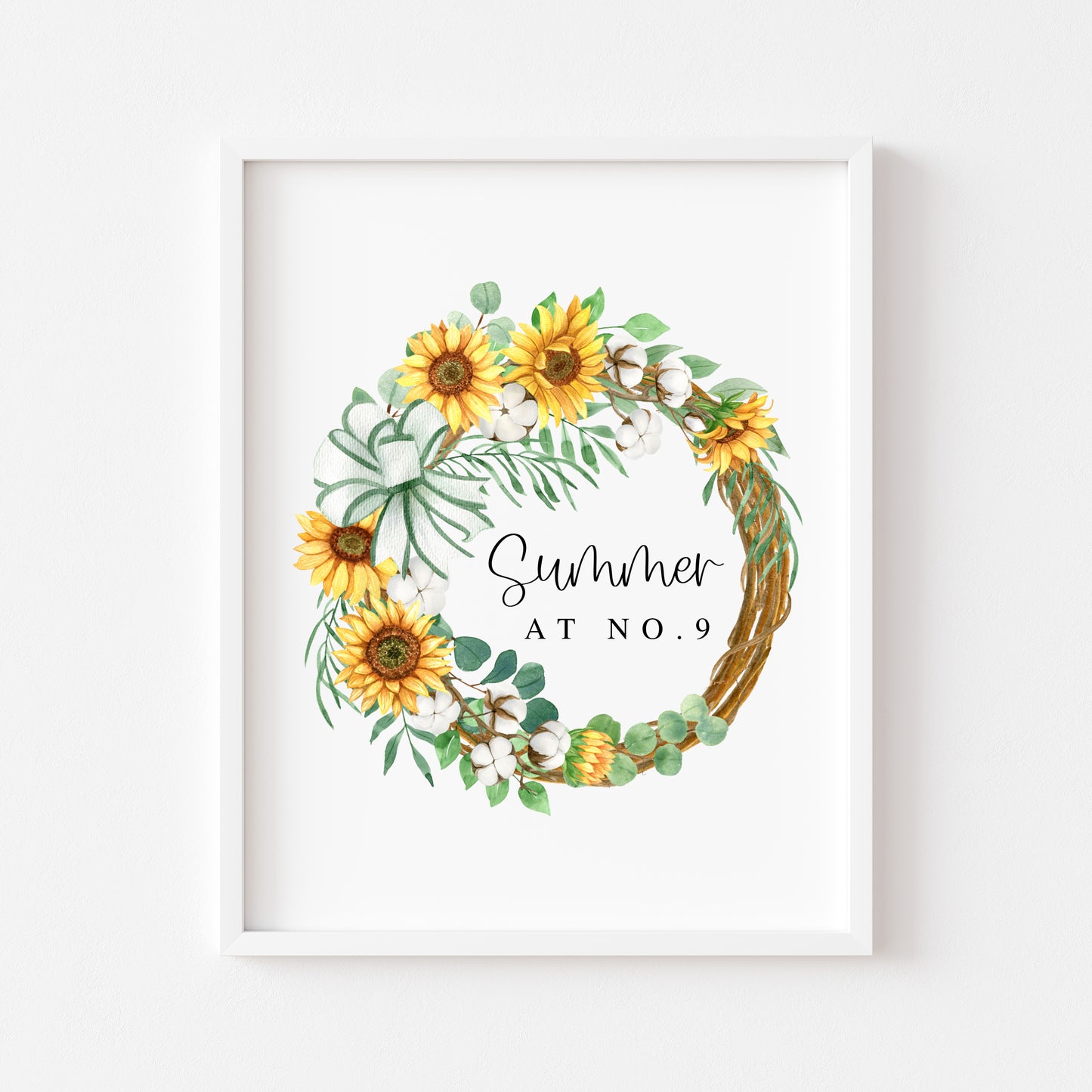 Personalised Summer Sunflower & Cotton Wreath Print at no. seasonal Home Decor (unframed)