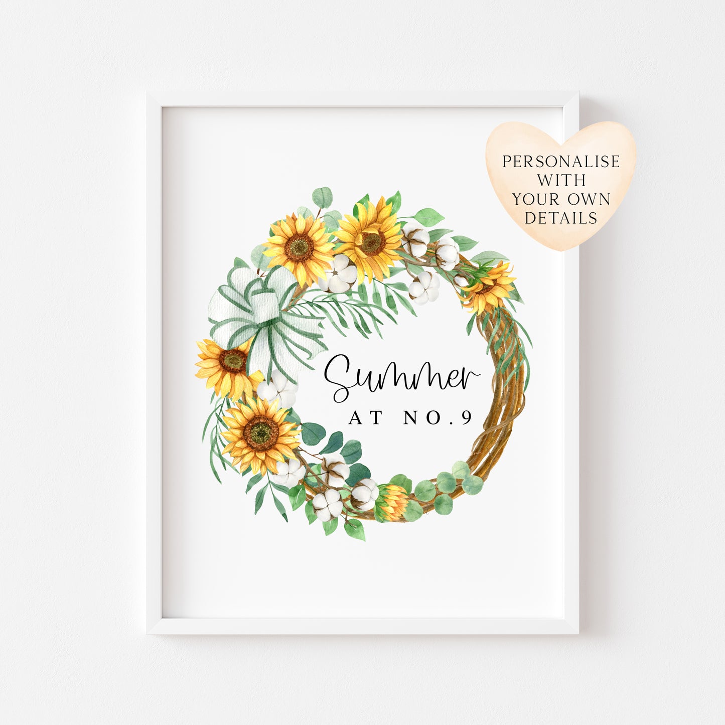 Personalised Summer Sunflower & Cotton Wreath Print at no. seasonal Home Decor (unframed)