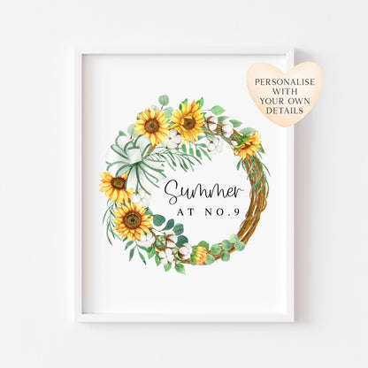 Personalised Summer Sunflower & Cotton Wreath Print at no. seasonal Home Decor (unframed)