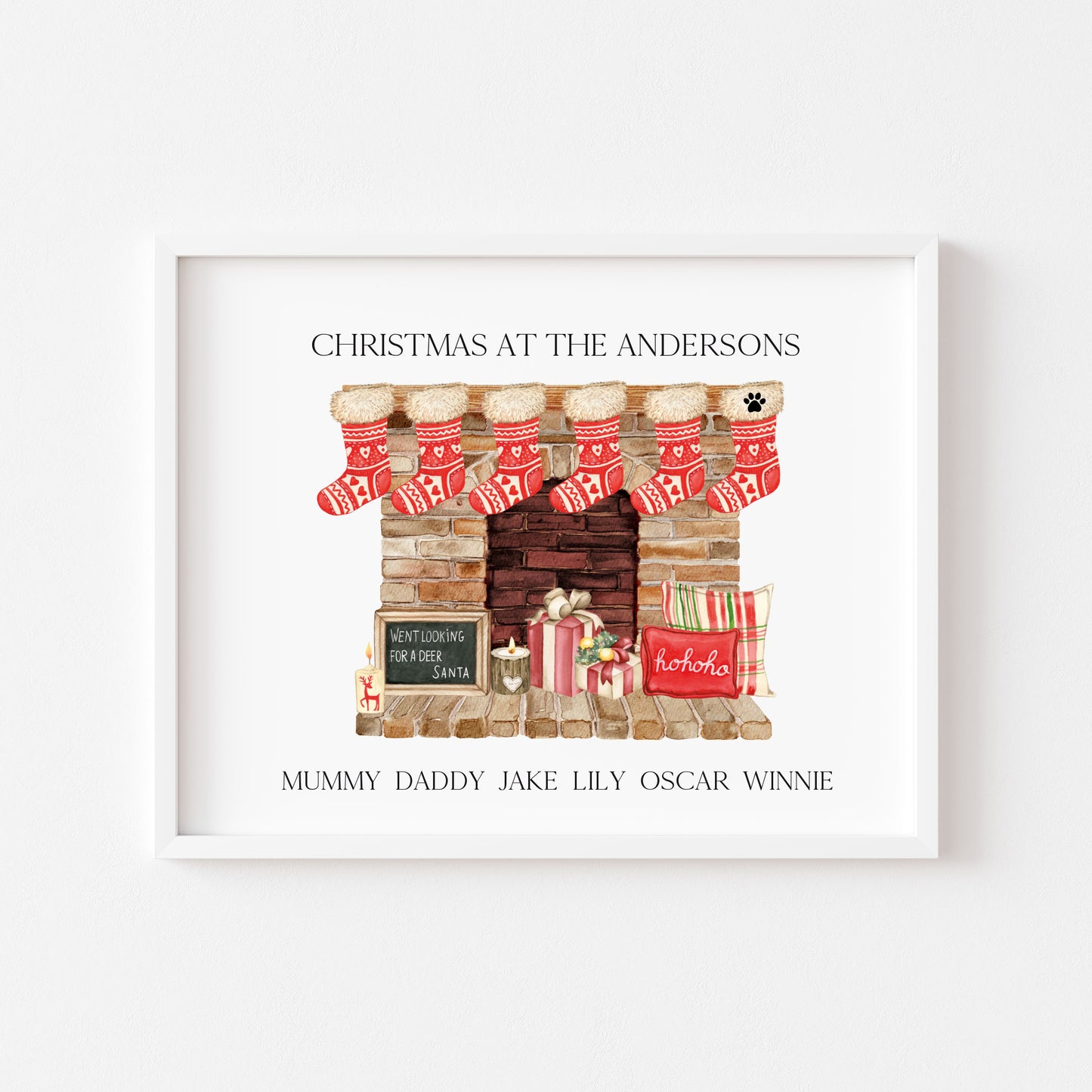 Personalised Christmas stocking family print red fireplace stockings unframed wall art poster print