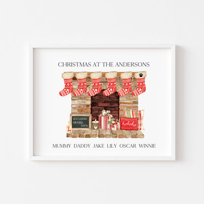Personalised Christmas stocking family print red fireplace stockings unframed wall art poster print