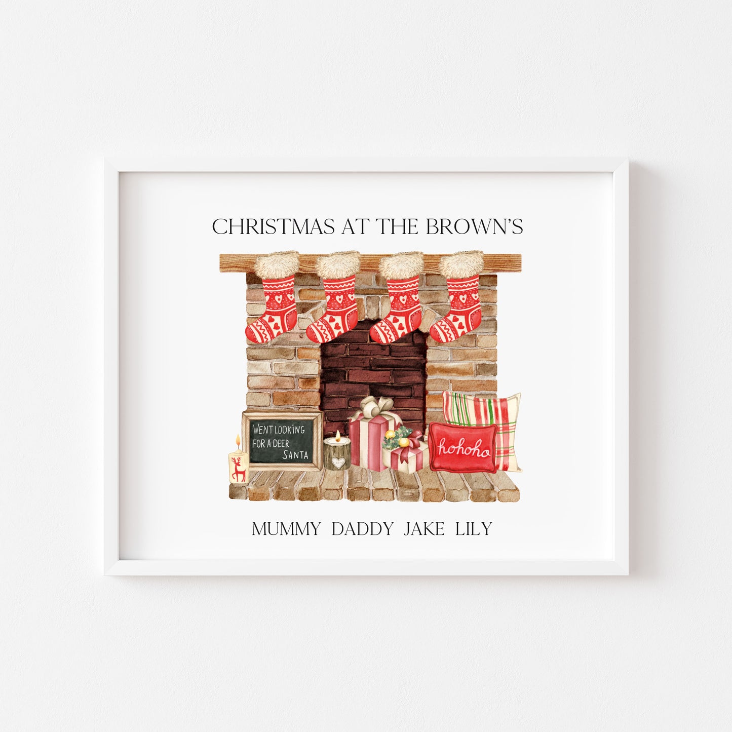 Personalised Christmas stocking family print red fireplace stockings unframed wall art poster print