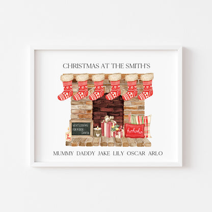 Personalised Christmas stocking family print red fireplace stockings unframed wall art poster print
