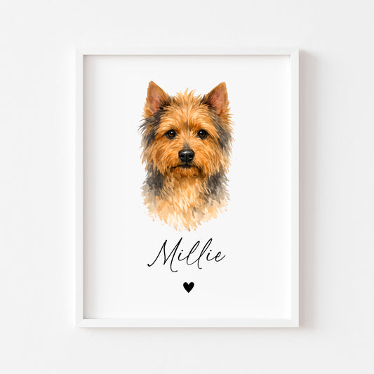 Personalised Australian Terrier Dog Print Custom Name Pet portrait watercolour unframed wall art