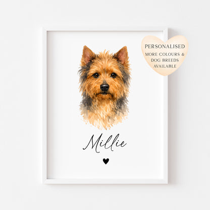 Personalised Australian Terrier Dog Print Custom Name Pet portrait watercolour unframed wall art