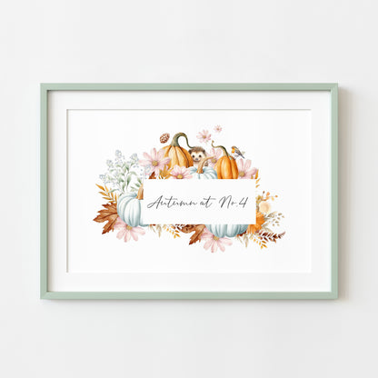 Autumn at no.personalised watercolour autumnal wreath animals & foliage seasonal home unframed wall art poster print