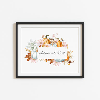 Autumn at no.personalised watercolour autumnal wreath animals & foliage seasonal home unframed wall art poster print