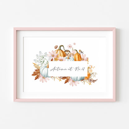 Autumn at no.personalised watercolour autumnal wreath animals & foliage seasonal home unframed wall art poster print