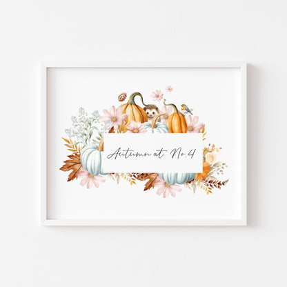 Autumn at no.personalised watercolour autumnal wreath animals & foliage seasonal home unframed wall art poster print