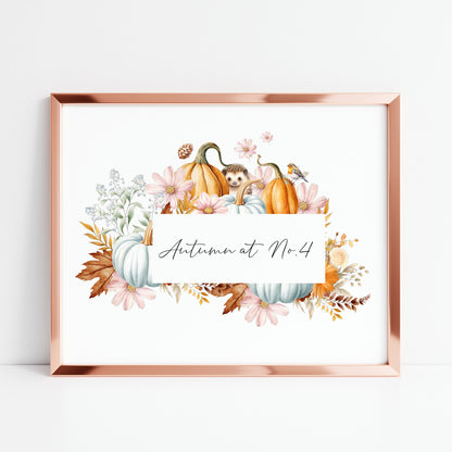 Autumn at no.personalised watercolour autumnal wreath animals & foliage seasonal home unframed wall art poster print