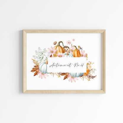 Autumn at no.personalised watercolour autumnal wreath animals & foliage seasonal home unframed wall art poster print