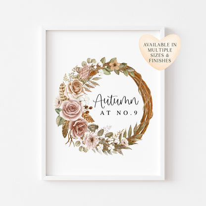 Fall Wreath Print Personalised Autumn at no. botanical Watercolour seasonal unframed art