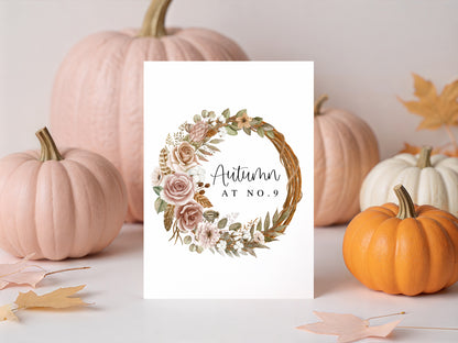 Fall Wreath Print Personalised Autumn at no. botanical Watercolour seasonal unframed art