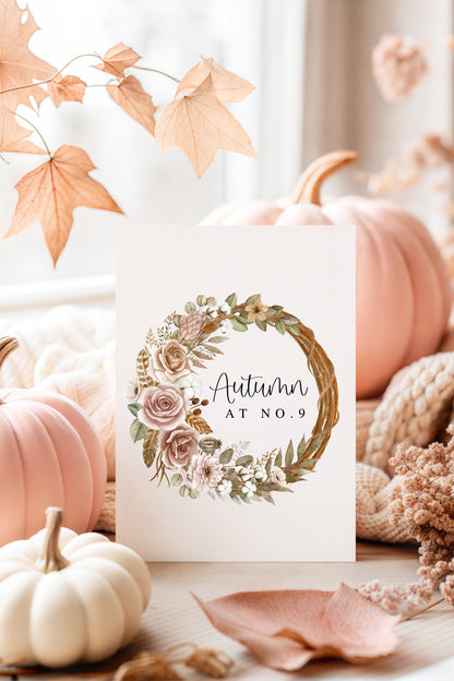 Fall Wreath Print Personalised Autumn at no. botanical Watercolour seasonal unframed art