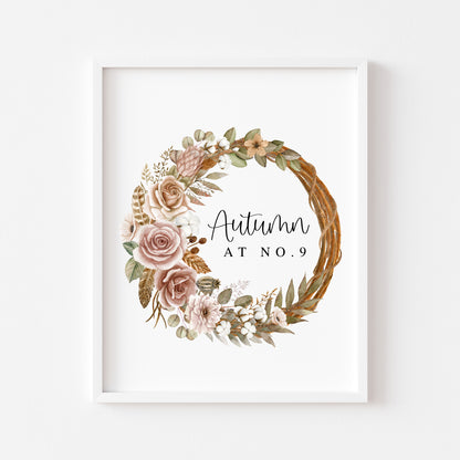 Fall Wreath Print Personalised Autumn at no. botanical Watercolour seasonal unframed art