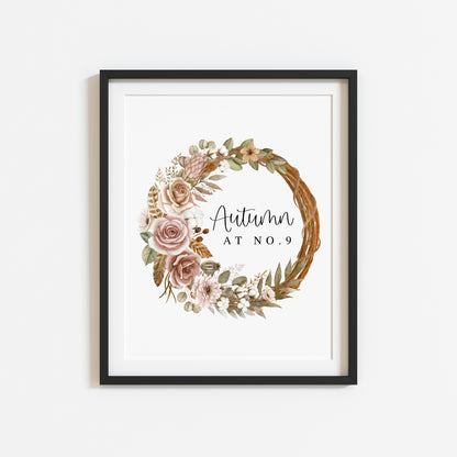 Fall Wreath Print Personalised Autumn at no. botanical Watercolour seasonal unframed art