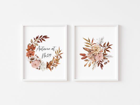 Set of 2 prints, Autumn Vibes at no. floral bouquet watercolour seasonal unframed wall art poster print