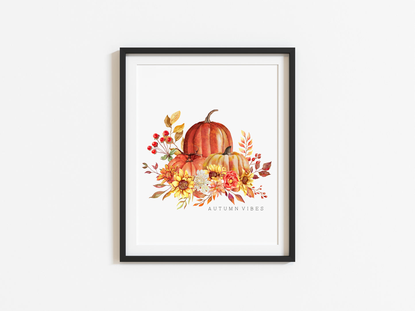 Autumn Vibes watercolour sunflower and pumpkins bouquet seasonal unframed wall art poster print