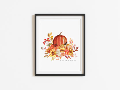 Autumn Vibes watercolour sunflower and pumpkins bouquet seasonal unframed wall art poster print