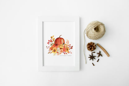 Autumn Vibes watercolour sunflower and pumpkins bouquet seasonal unframed wall art poster print