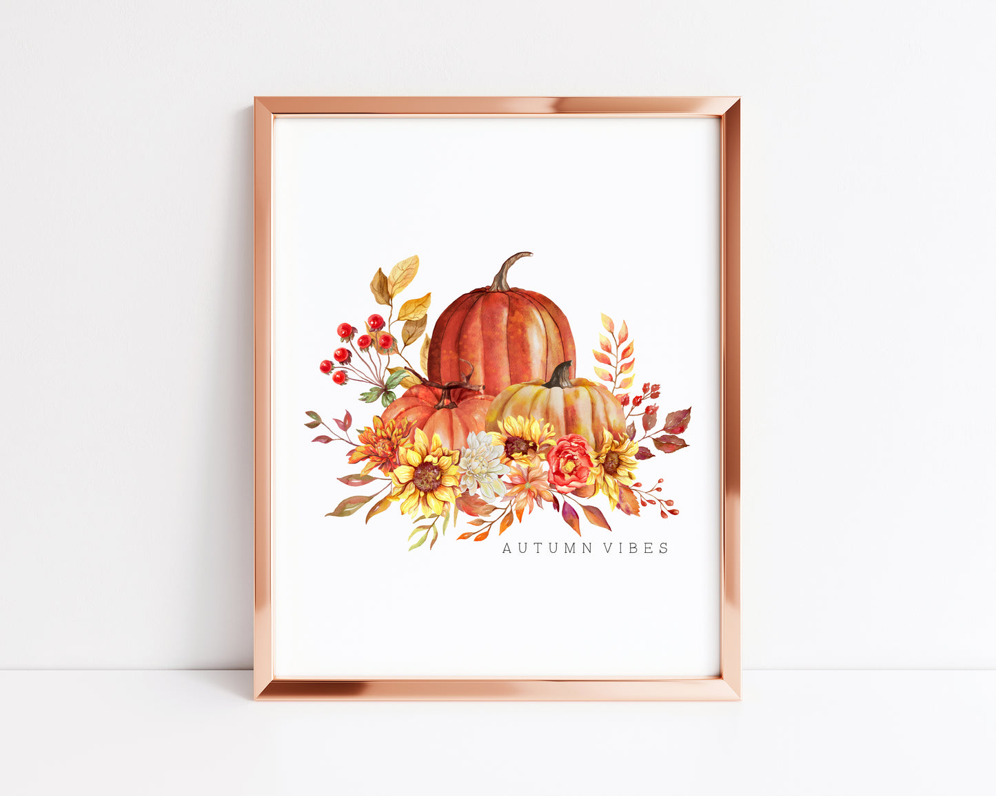 Autumn Vibes watercolour sunflower and pumpkins bouquet seasonal unframed wall art poster print