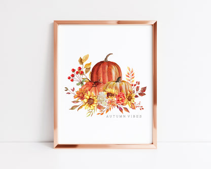 Autumn Vibes watercolour sunflower and pumpkins bouquet seasonal unframed wall art poster print