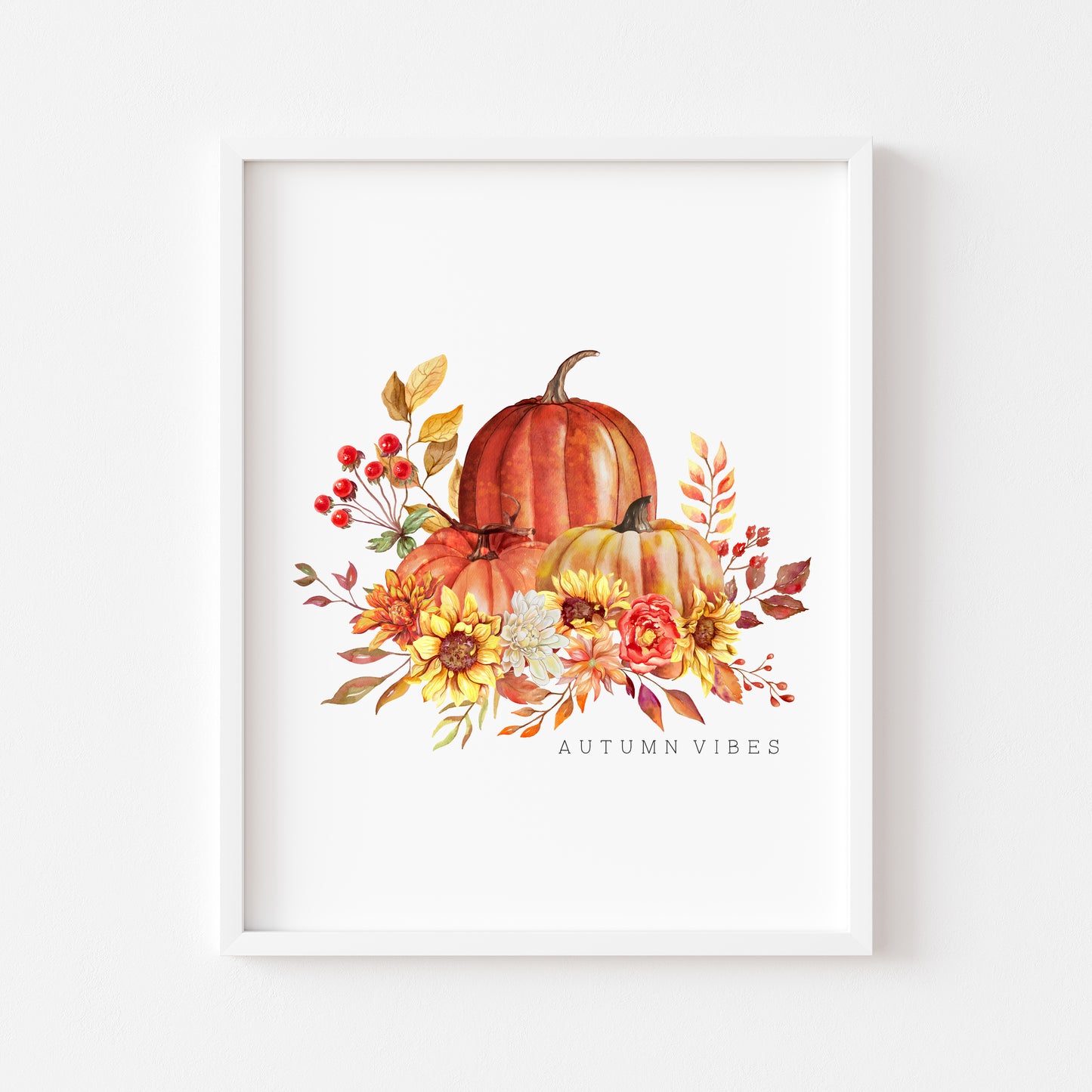 Autumn Vibes watercolour sunflower and pumpkins bouquet seasonal unframed wall art poster print