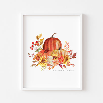 Autumn Vibes watercolour sunflower and pumpkins bouquet seasonal unframed wall art poster print