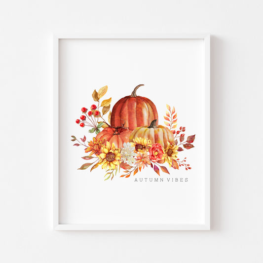 Autumn Vibes watercolour sunflower and pumpkins bouquet seasonal unframed wall art poster print